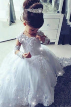 Long Princess Tulle Lace Scoop Neck flower girl dresses with Sleeves - photo 1