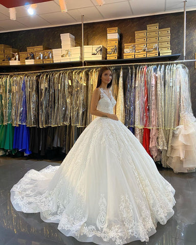 Long Princess V-neck Appliques Lace Backless Wedding Dress