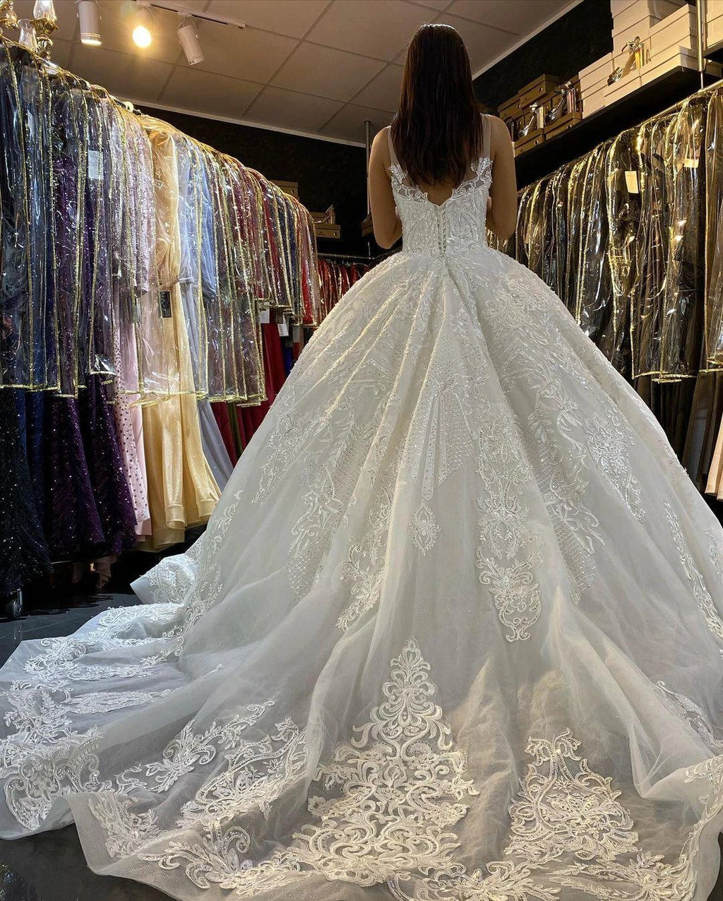 Long Princess V-neck Appliques Lace Backless Wedding Dress by BIZTUNNEL