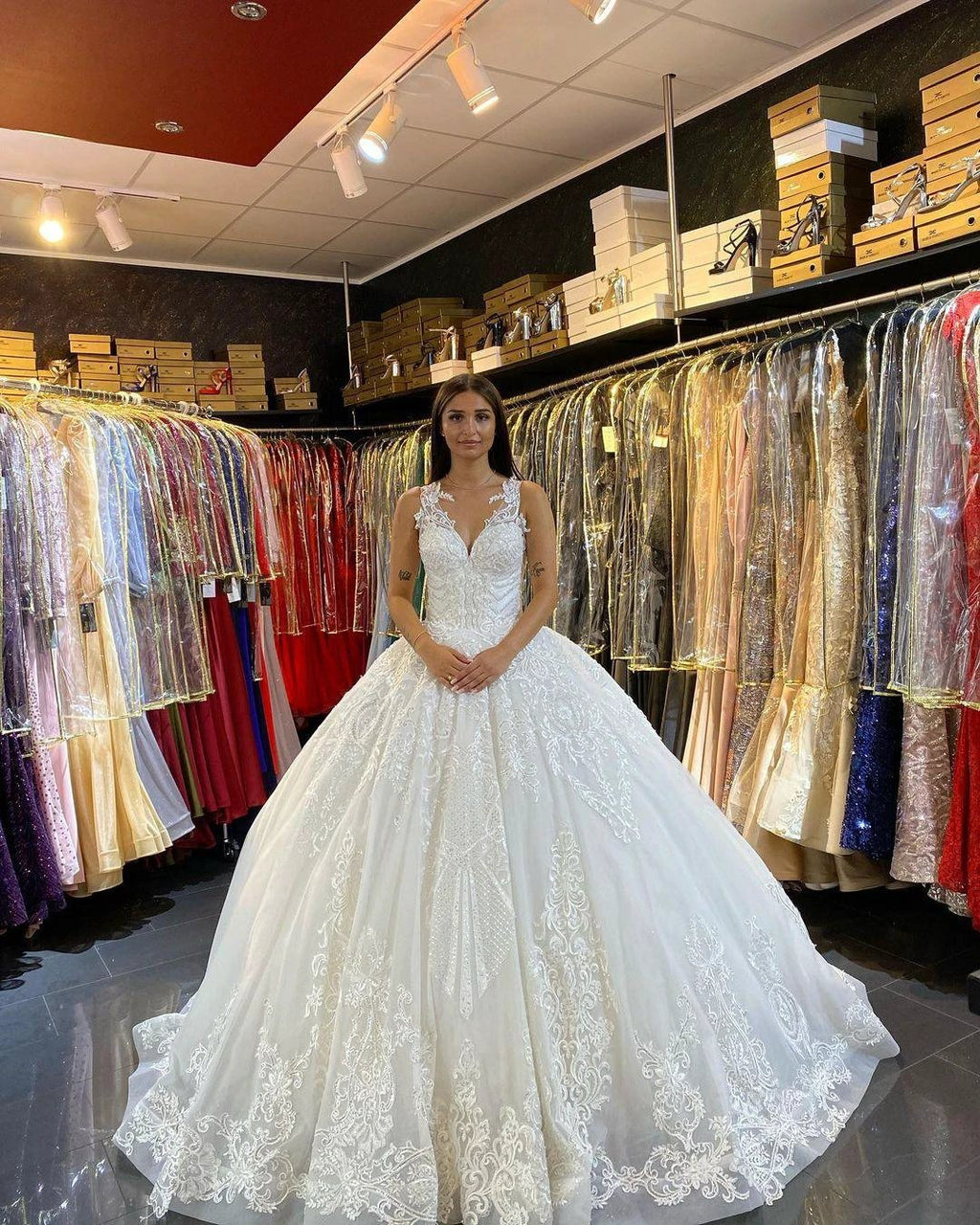 Long Princess V-neck Appliques Lace Backless Wedding Dress by BIZTUNNEL