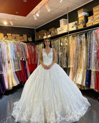 Long Princess V-neck Appliques Lace Backless Wedding Dress by BIZTUNNEL