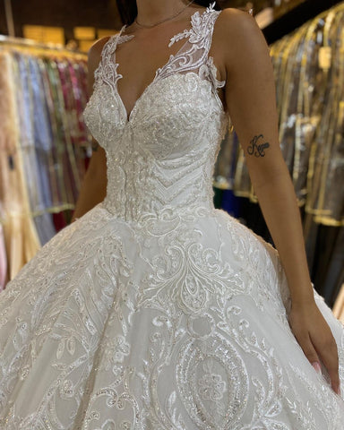 Long Princess V-neck Appliques Lace Backless Wedding Dress