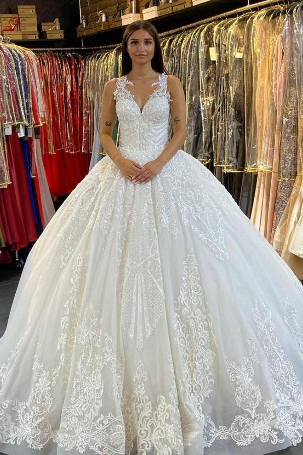 Long Princess V-neck Appliques Lace Backless Wedding Dress by BIZTUNNEL