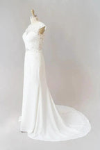 Long Sheath Illusion Lace Wedding Dress with Cap Sleeve by BIZTUNNEL