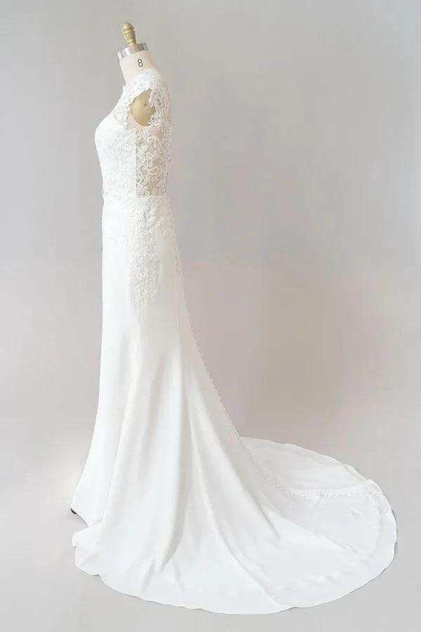Long Sheath Illusion Lace Wedding Dress with Cap Sleeve by BIZTUNNEL