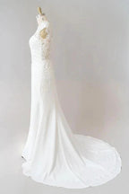 Long Sheath Illusion Lace Wedding Dress with Cap Sleeve by BIZTUNNEL