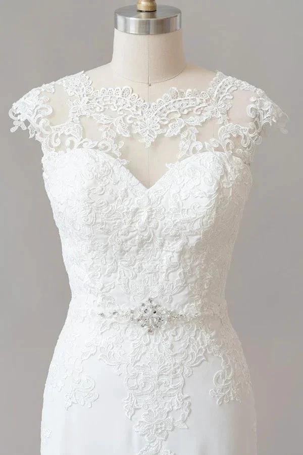 Long Sheath Illusion Lace Wedding Dress with Cap Sleeve by BIZTUNNEL