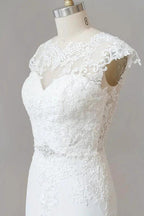 Long Sheath Illusion Lace Wedding Dress with Cap Sleeve by BIZTUNNEL