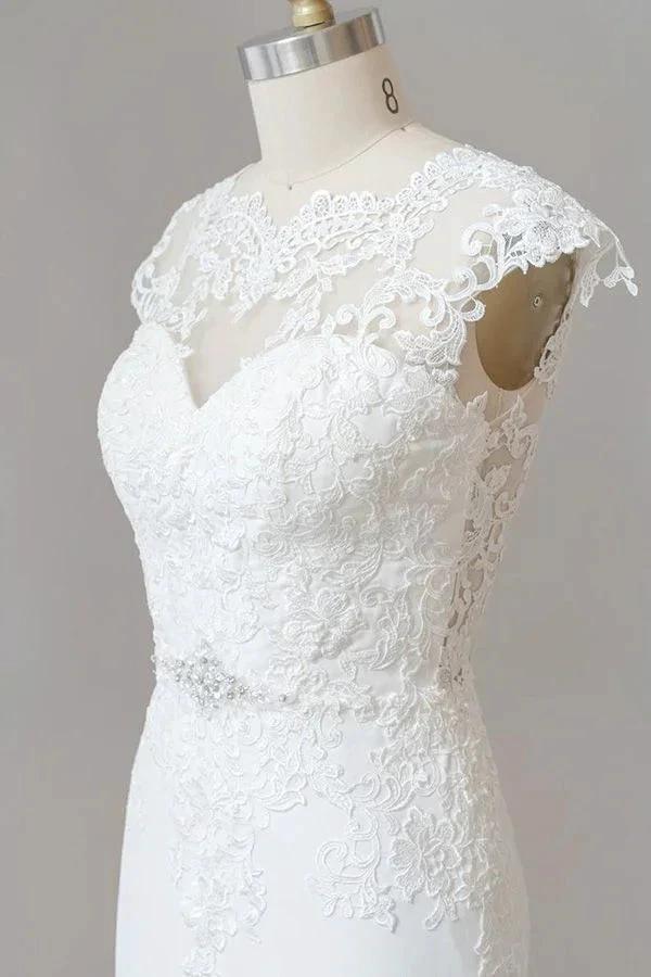 Long Sheath Illusion Lace Wedding Dress with Cap Sleeve by BIZTUNNEL