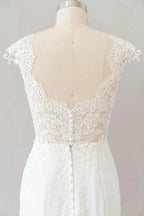 Long Sheath Illusion Lace Wedding Dress with Cap Sleeve by BIZTUNNEL