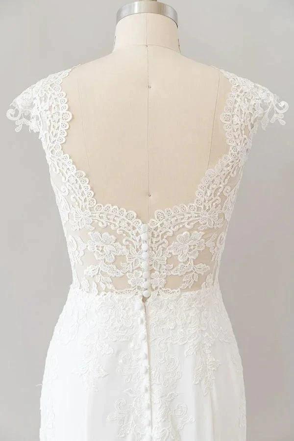 Long Sheath Illusion Lace Wedding Dress with Cap Sleeve by BIZTUNNEL
