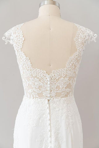 Long Sheath  Illusion Lace Wedding Dress with Cap Sleeve
