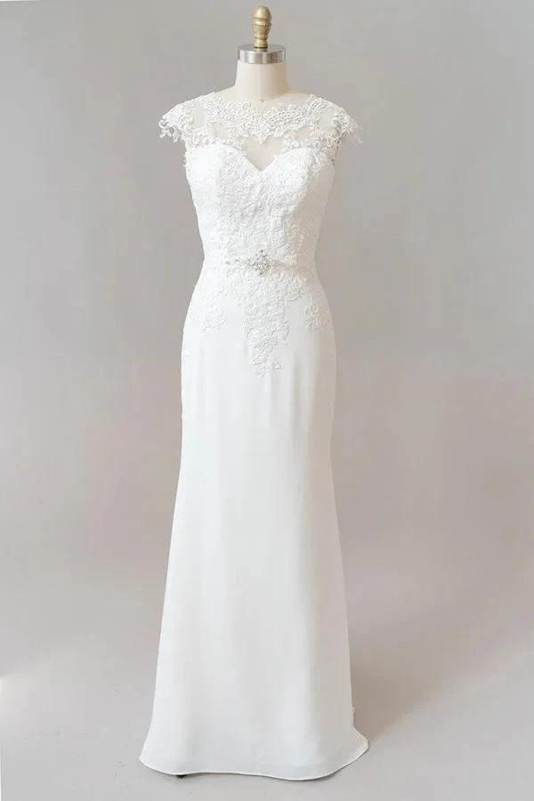 Long Sheath Illusion Lace Wedding Dress with Cap Sleeve by BIZTUNNEL