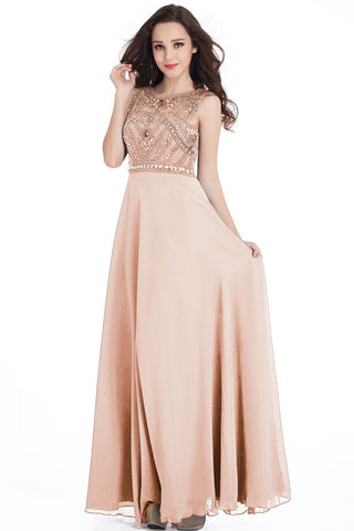 Long Sheath Jewel  Floor Length  Chiffon Crystals Prom Dresses