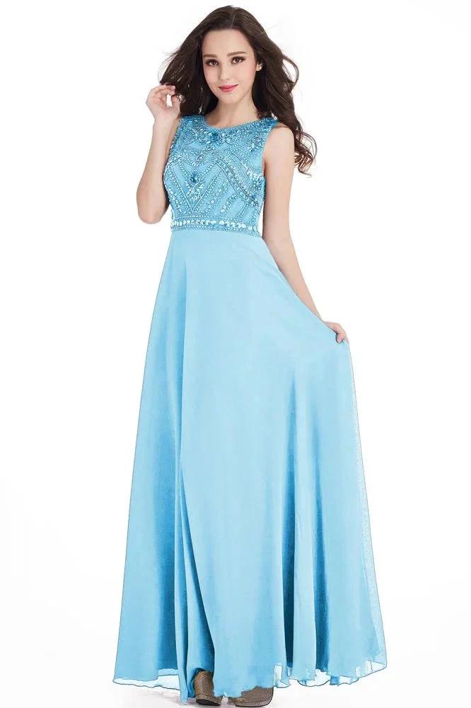 Long Sheath Jewel Floor Length Chiffon Crystals Prom Dresses by misshow.com
