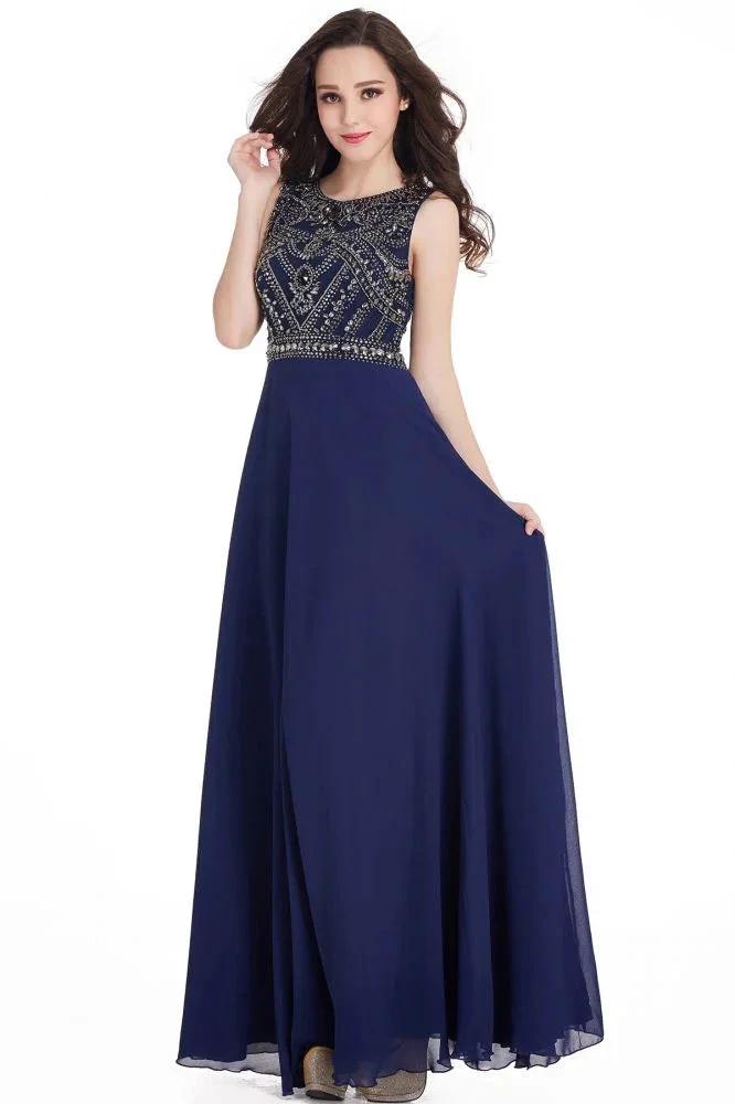 Long Sheath Jewel Floor Length Chiffon Crystals Prom Dresses by misshow.com