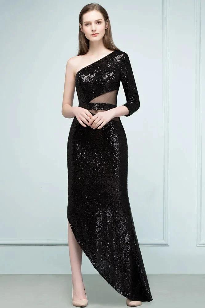 Long Sheath Sequined One-shoulder Prom Dresses with One-sleeve by misshow.com