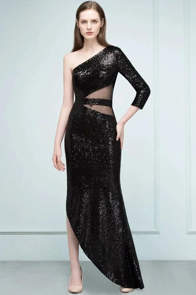 Long Sheath Sequined One-shoulder Prom Dresses with One-sleeve by misshow.com
