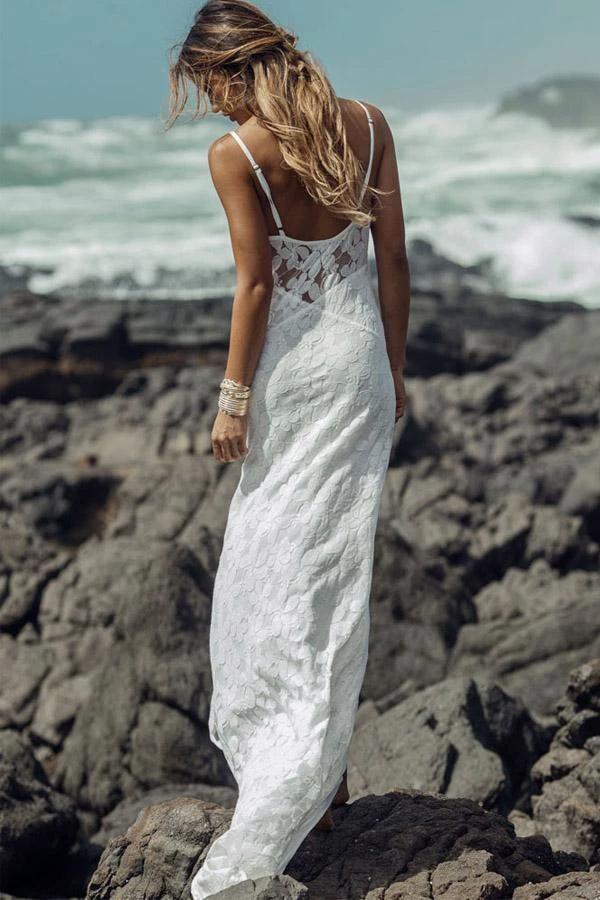 Long Sheath Spaghetti Straps Lace Beach Wedding Dresses WD133 by pgmdress