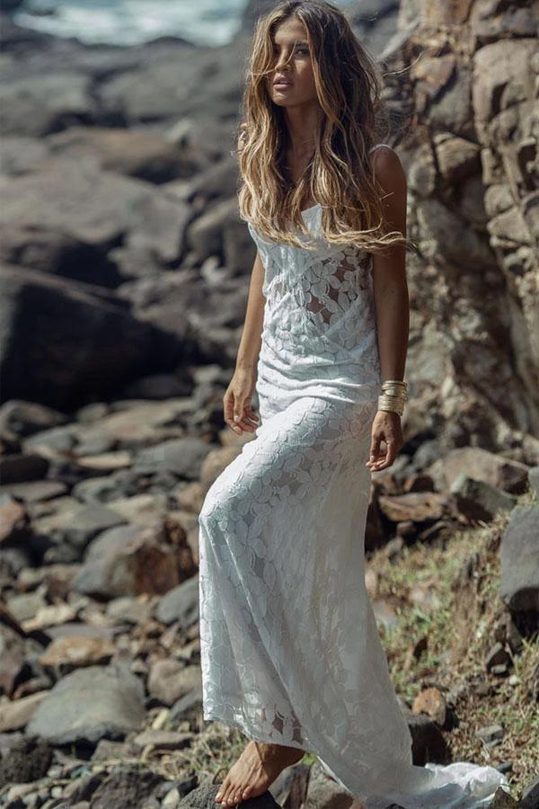 Long Sheath Spaghetti Straps Lace Beach Wedding Dresses WD133 by pgmdress