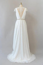 Long Sheath V-neck Lace Chiffon Wedding Dress with Cap Sleeves by BIZTUNNEL
