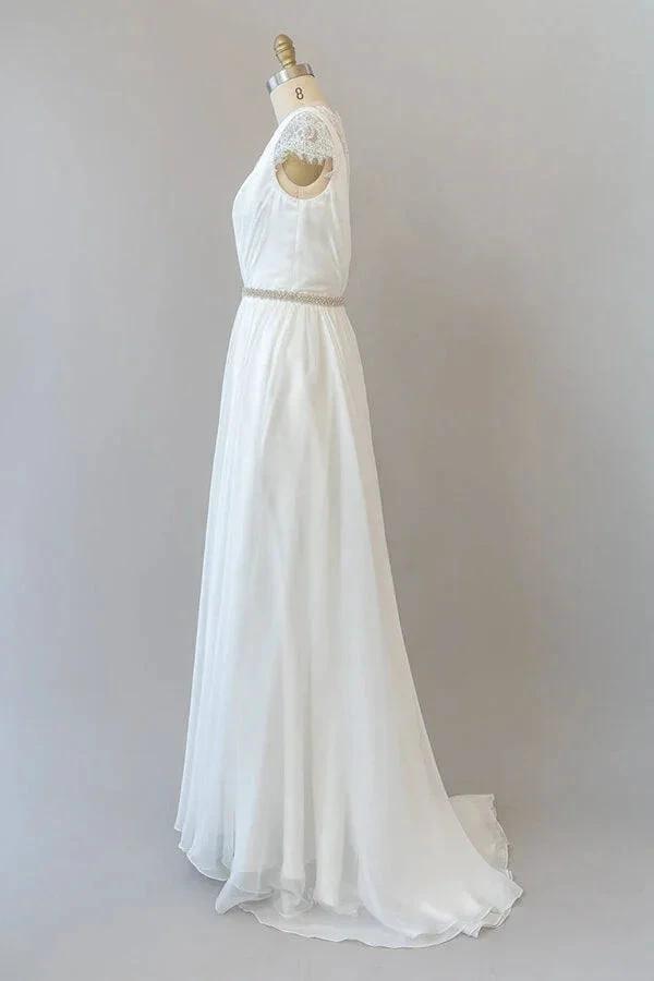 Long Sheath V-neck Lace Chiffon Wedding Dress with Cap Sleeves by BIZTUNNEL