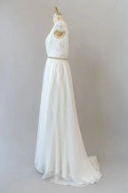 Long Sheath V-neck Lace Chiffon Wedding Dress with Cap Sleeves by BIZTUNNEL