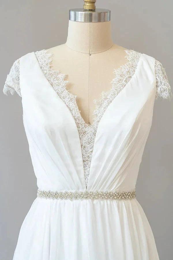 Long Sheath V-neck Lace Chiffon Wedding Dress with Cap Sleeves by BIZTUNNEL