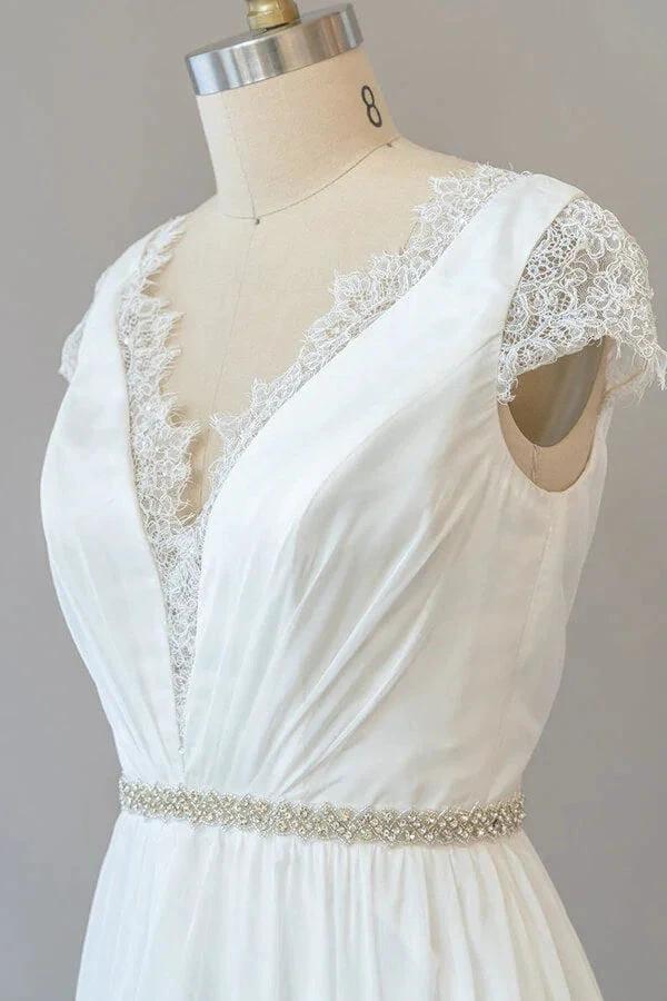 Long Sheath V-neck Lace Chiffon Wedding Dress with Cap Sleeves by BIZTUNNEL