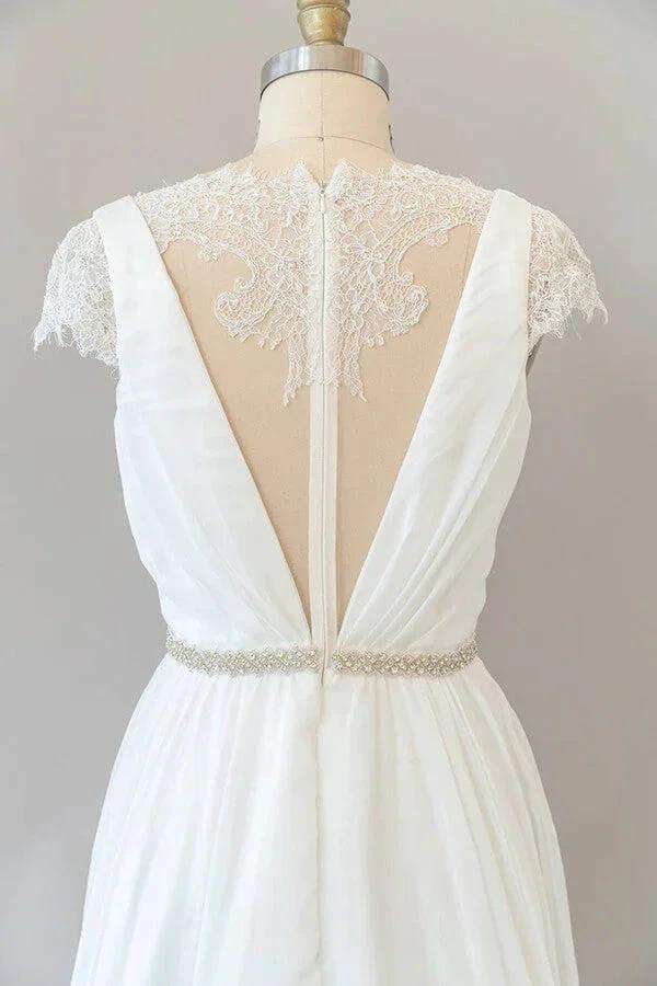 Long Sheath V-neck Lace Chiffon Wedding Dress with Cap Sleeves by BIZTUNNEL