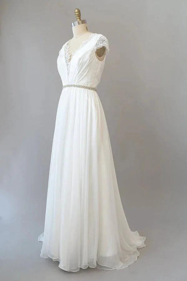 Long Sheath V-neck Lace Chiffon Wedding Dress with Cap Sleeves by BIZTUNNEL