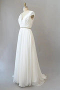 Long Sheath V-neck Lace Chiffon Wedding Dress with Cap Sleeves by BIZTUNNEL