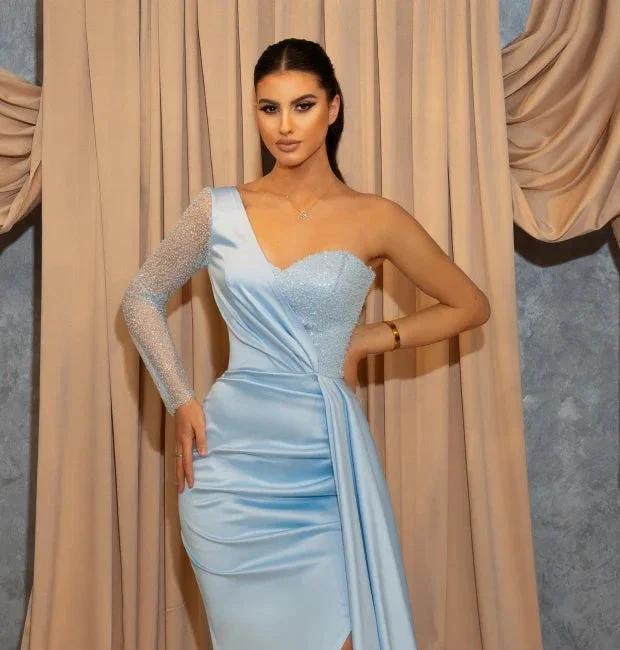 Long Sky Blue One Shoulder Glitter Slit Mermaid Prom Dresses by misshow.com
