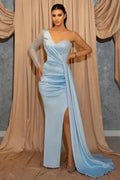 Long Sky Blue One Shoulder Glitter Slit Mermaid Prom Dresses by misshow.com