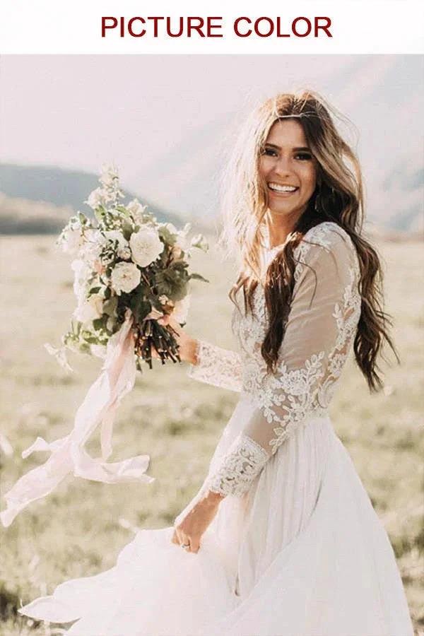 Long Sleeve A-line Appliques Lace Chiffon Wedding Dress by BIZTUNNEL