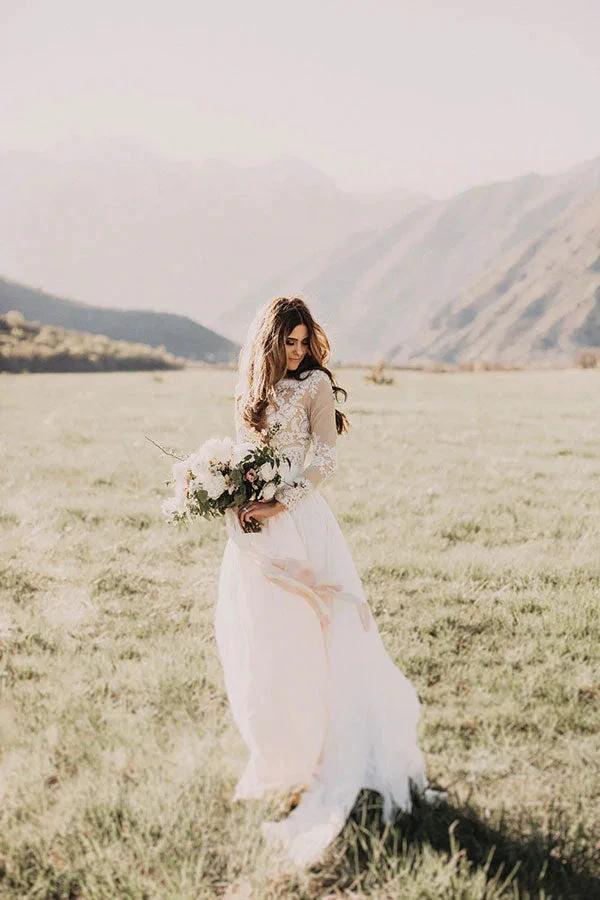 Long Sleeve A-line Appliques Lace Chiffon Wedding Dress by BIZTUNNEL