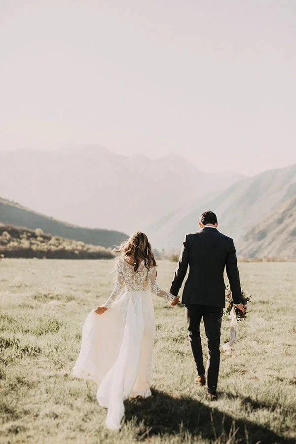 Long Sleeve A-line Appliques Lace Chiffon Wedding Dress by BIZTUNNEL