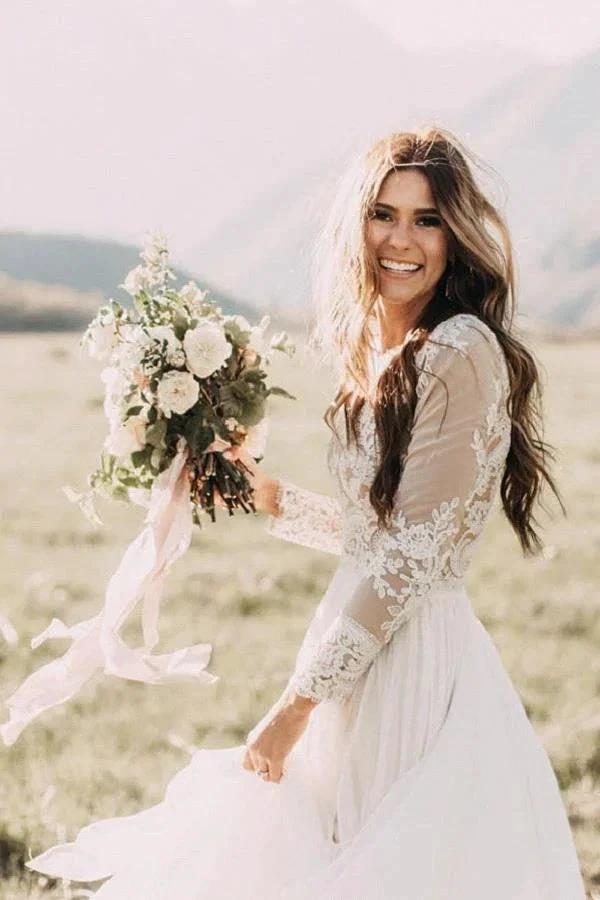Long Sleeve A-line Appliques Lace Chiffon Wedding Dress by BIZTUNNEL