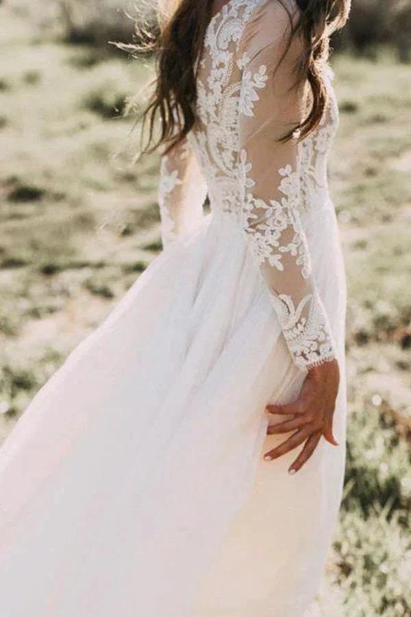 Long Sleeve A-line Appliques Lace Chiffon Wedding Dress by BIZTUNNEL
