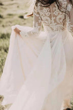 Long Sleeve A-line Appliques Lace Chiffon Wedding Dress by BIZTUNNEL