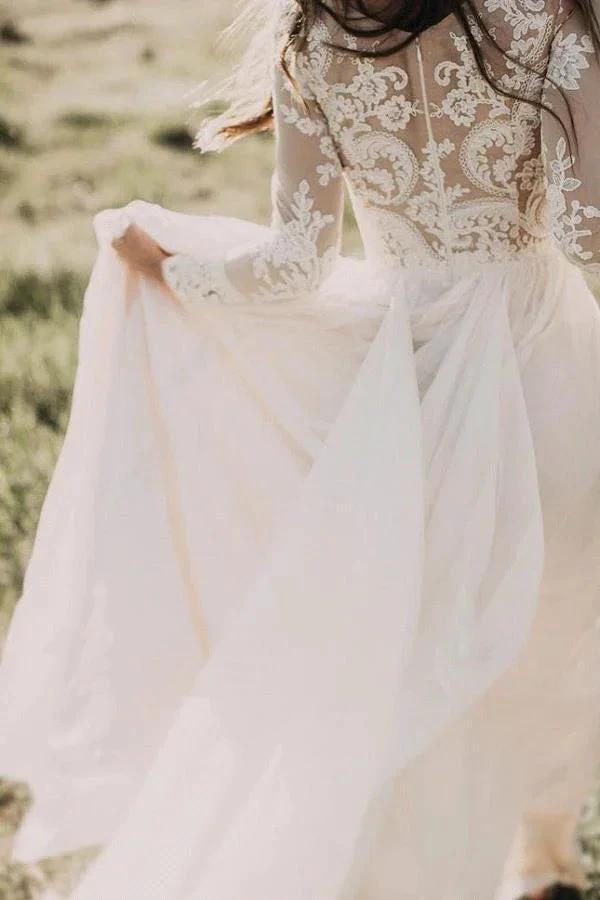 Long Sleeve A-line Appliques Lace Chiffon Wedding Dress by BIZTUNNEL