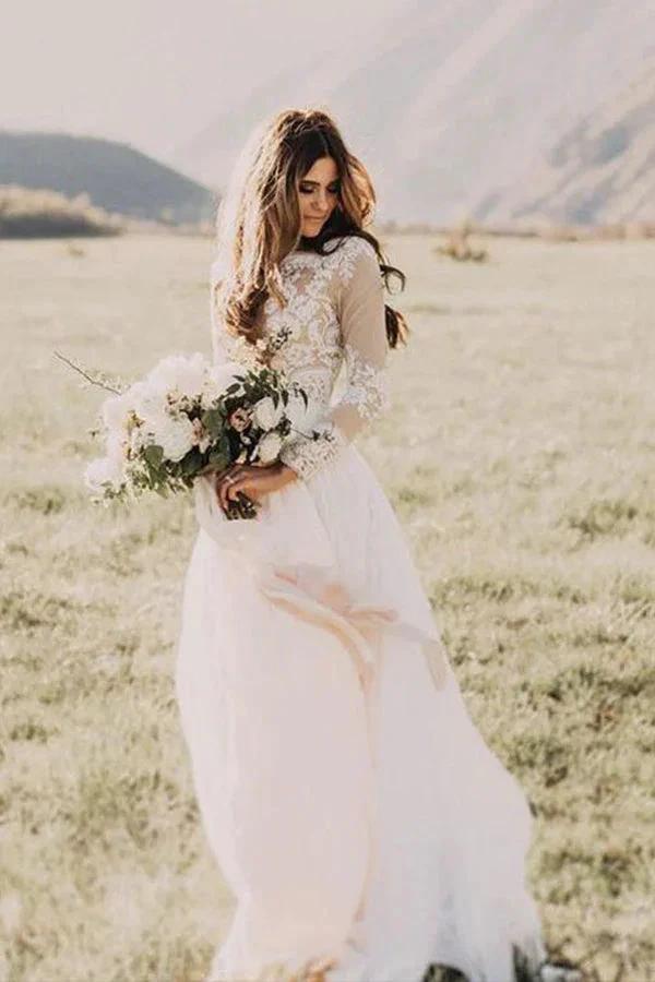 Long Sleeve A-line Appliques Lace Chiffon Wedding Dress by BIZTUNNEL