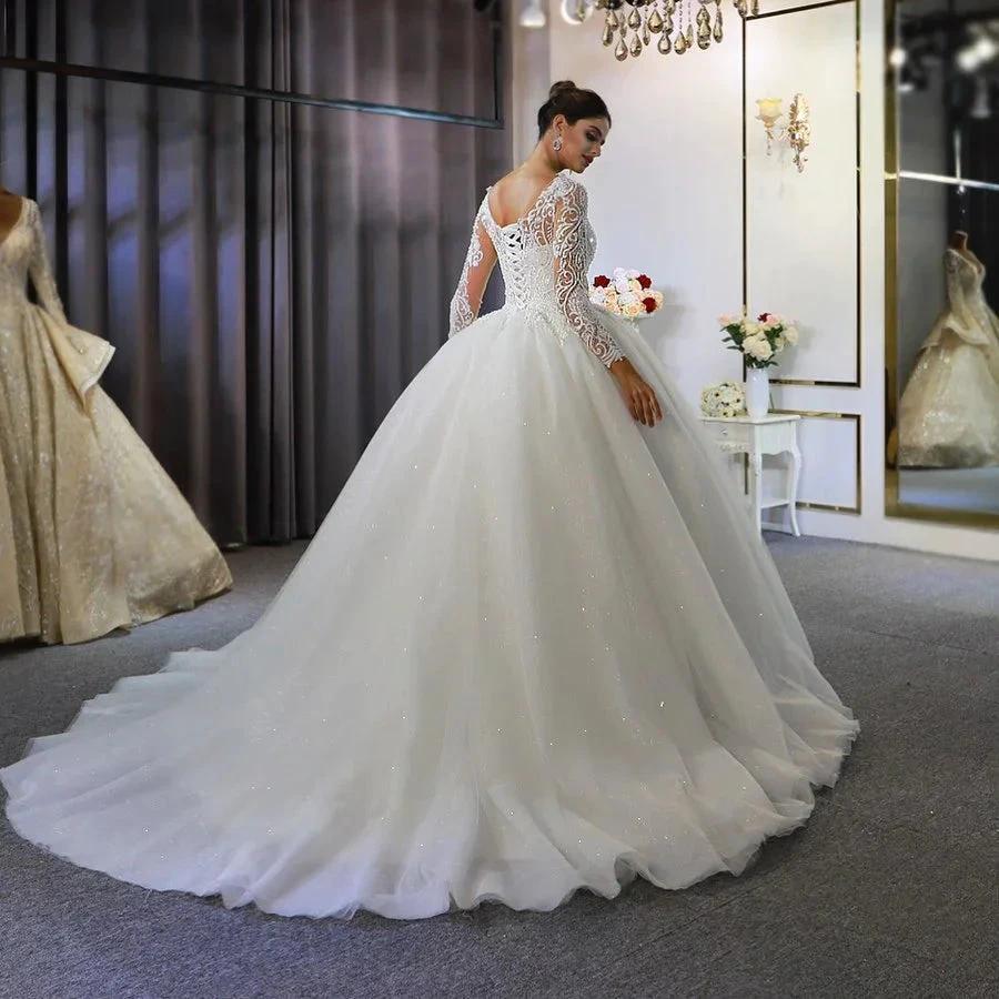 Long Sleeve A-Line Bateau Appliques Lace Sequins Wedding Dress by BIZTUNNEL