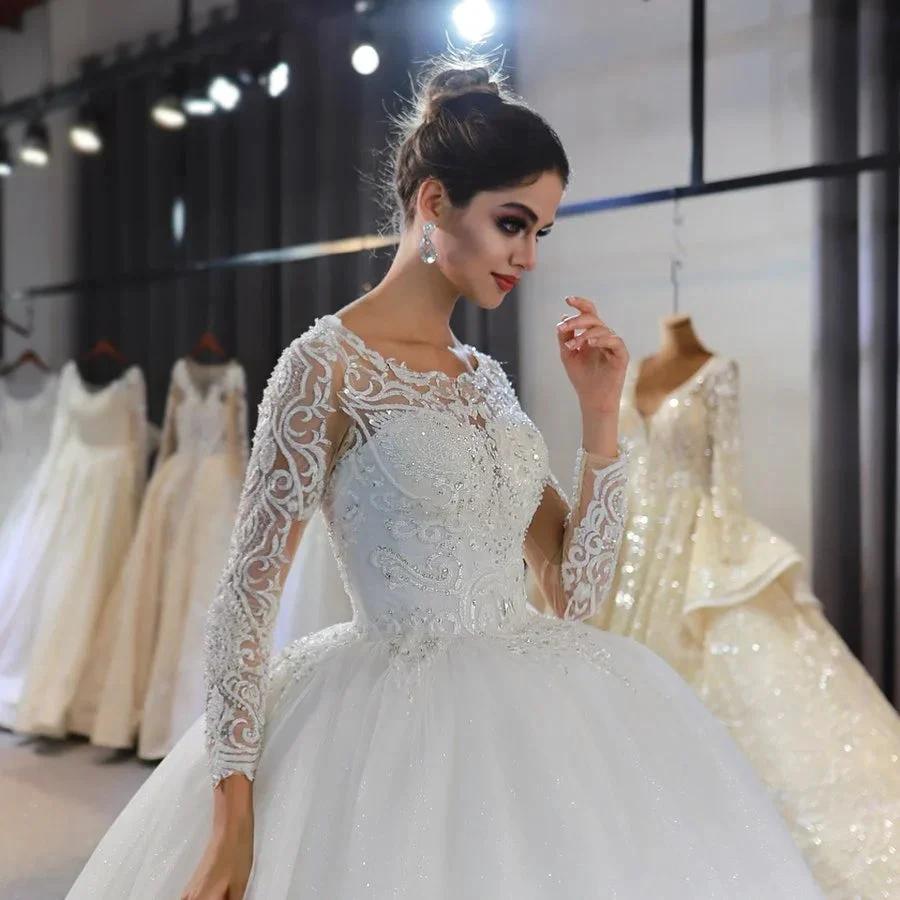 Long Sleeve A-Line Bateau Appliques Lace Sequins Wedding Dress by BIZTUNNEL