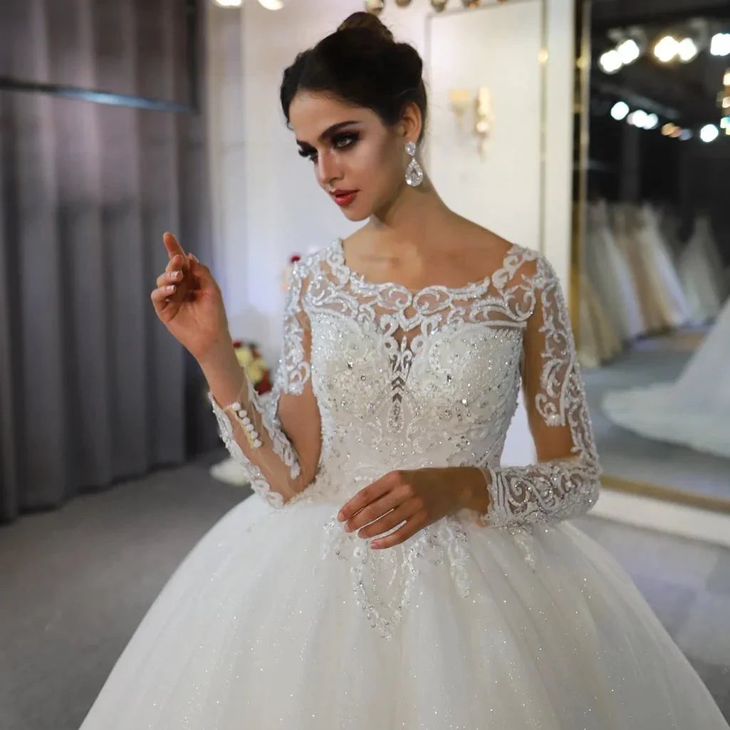 Long Sleeve A-Line Bateau Appliques Lace Sequins Wedding Dress by BIZTUNNEL