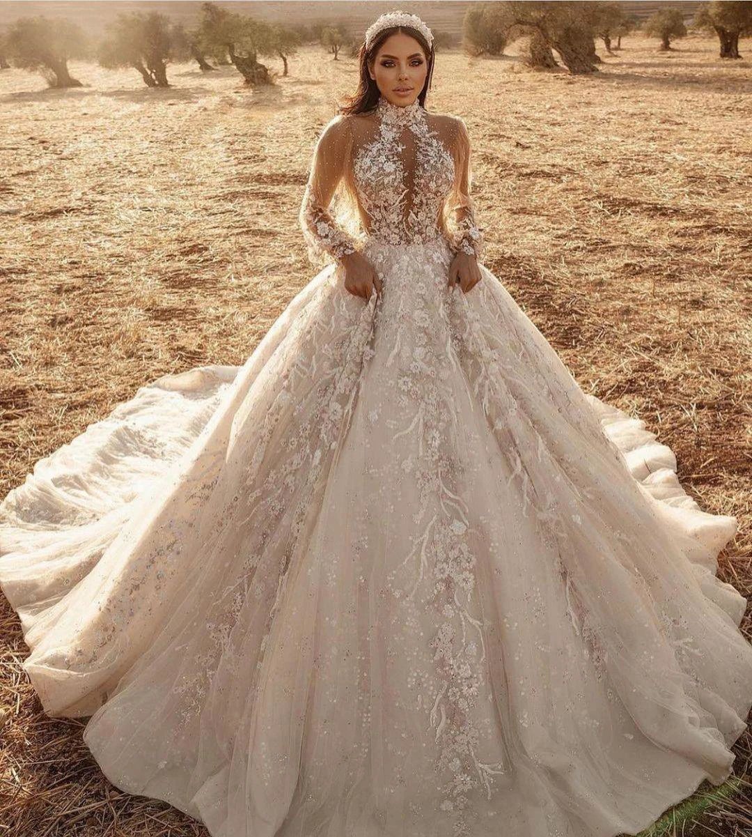 Long Sleeve A-Line High-neck Appliques Lace Tulle Wedding Dress by BIZTUNNEL