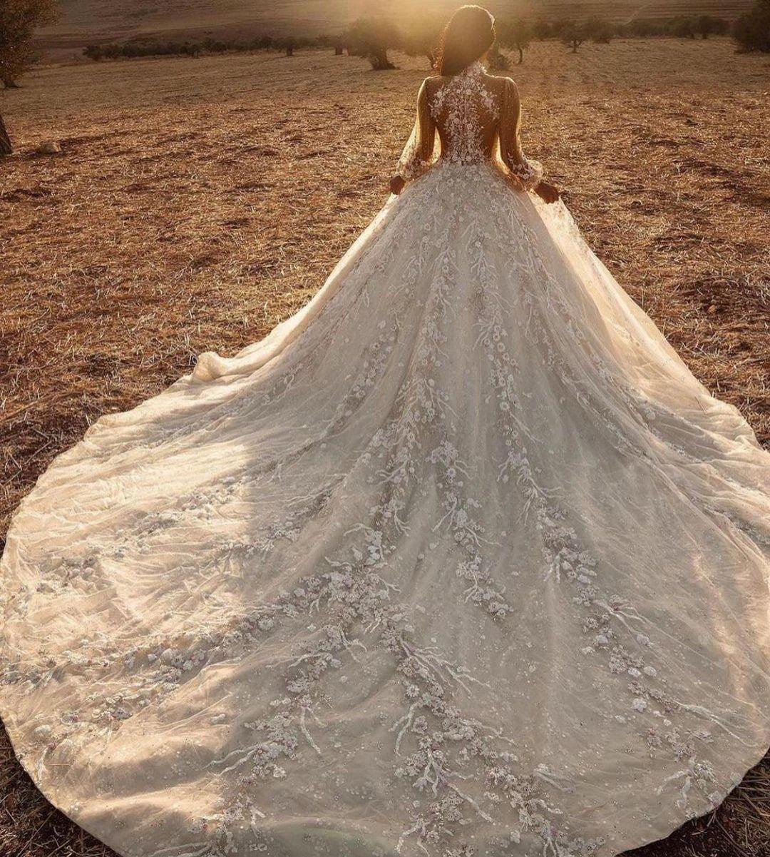Long Sleeve A-Line High-neck Appliques Lace Tulle Wedding Dress by BIZTUNNEL