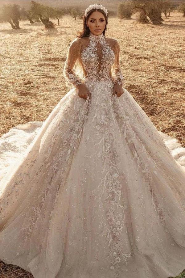 Long Sleeve A-Line High-neck Appliques Lace Tulle Wedding Dress by BIZTUNNEL