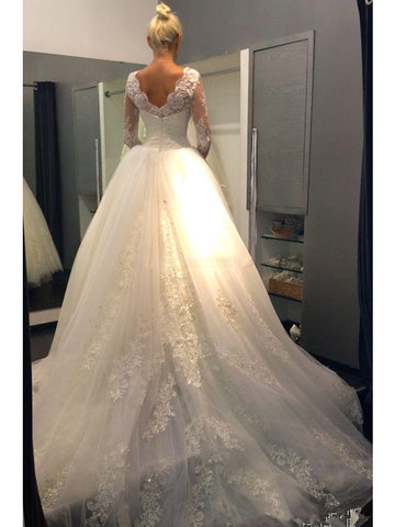 Long Sleeve A-Line Jewel Neck Court Train Lace Tulle Wedding Dresses