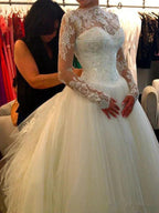 Long Sleeve A-Line Jewel Neck Court Train Lace Tulle Wedding Dresses by BIZTUNNEL